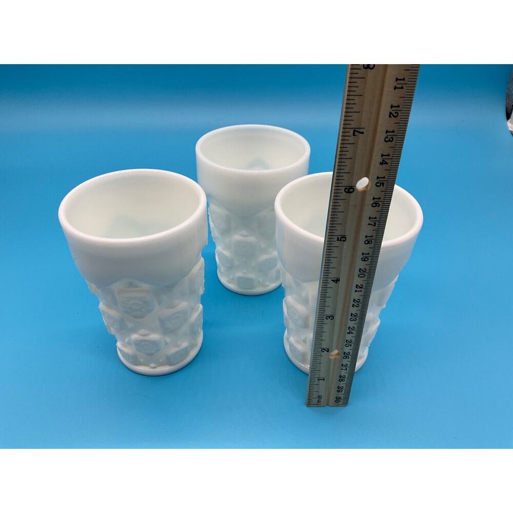 Set of‎ 3 White Milk Glass Tumblers, Cubist Pattern, 5" Tall, Vintage Drinkware - Picture 3 of 6